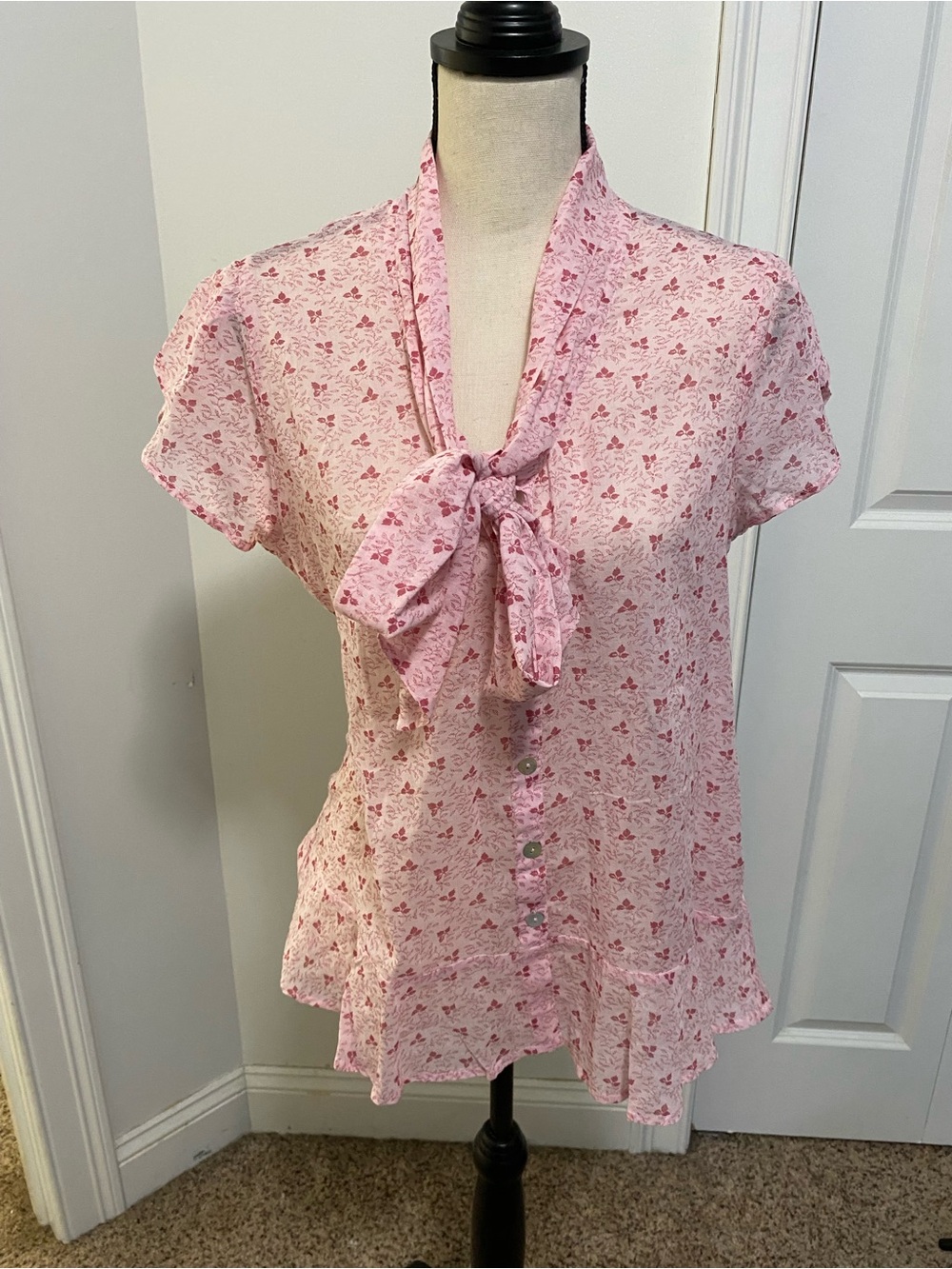 April Cornell Pink Floral Tie-Neck Blouse